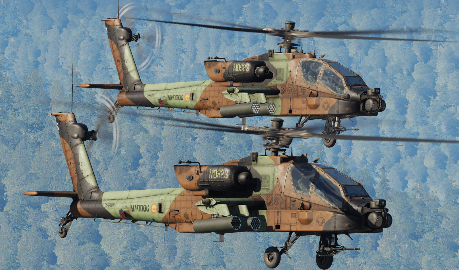 Apaches AH-64D en formación con una librea personalizada del escuadrón maddog